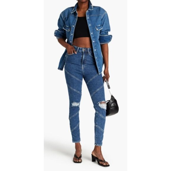 retrofete Blue Paneled Denim Distressed High-Rise Jeans, Size 30 NWT $295